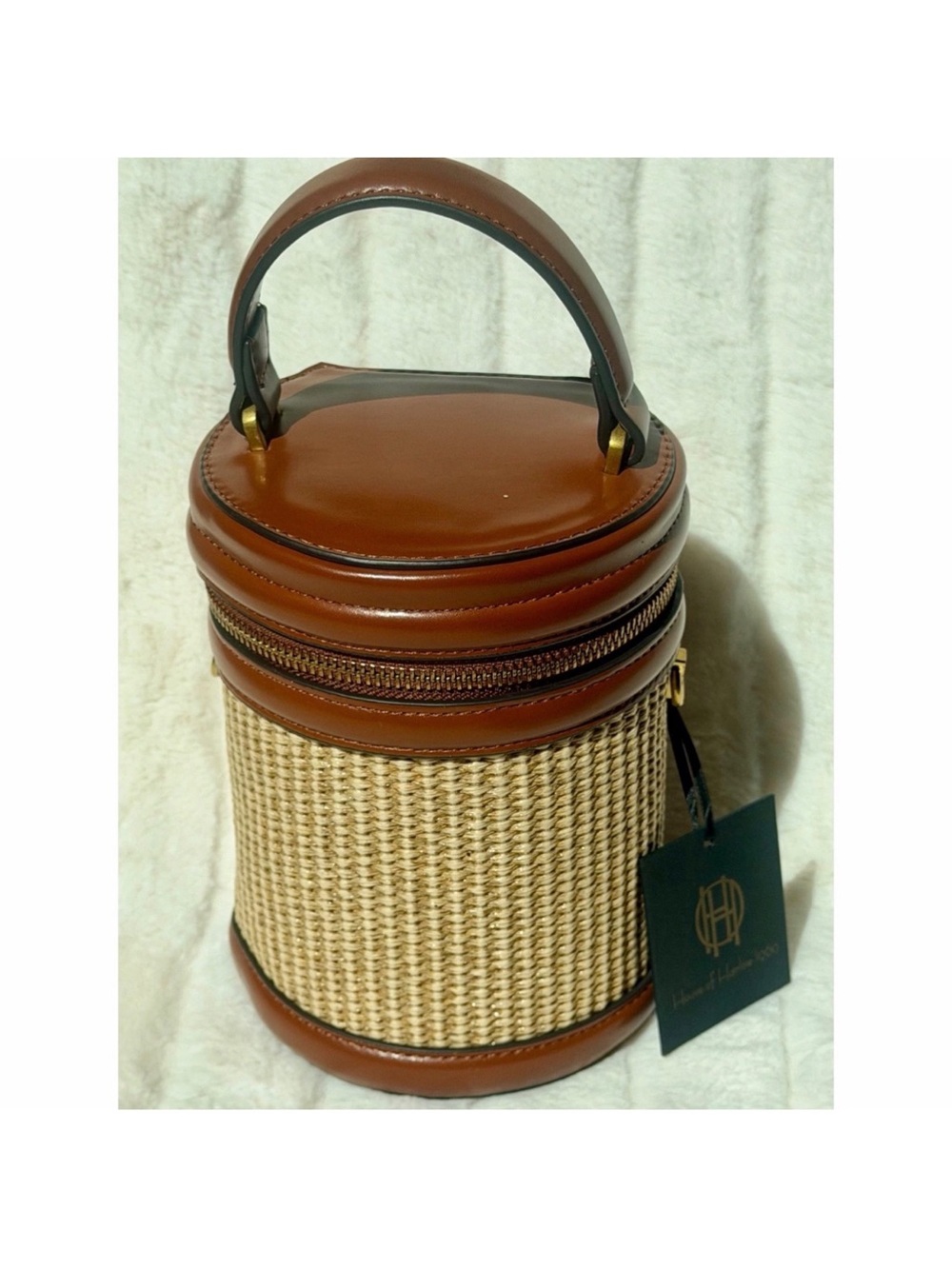 House of Harlow 1960 Brown and Natural Woven Crossbody Barrel Bag